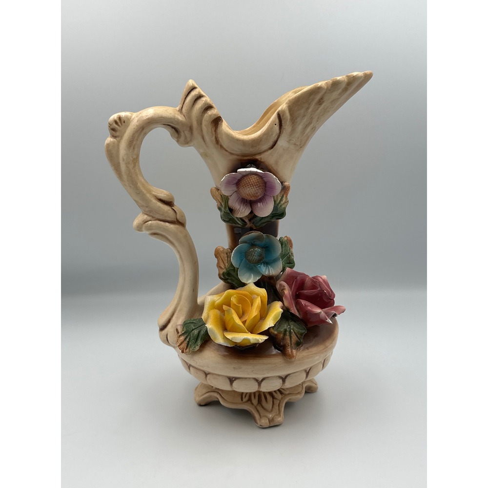 Vintage Italian Capodimonte 10" Vase Porcelain Handled Footed Floral